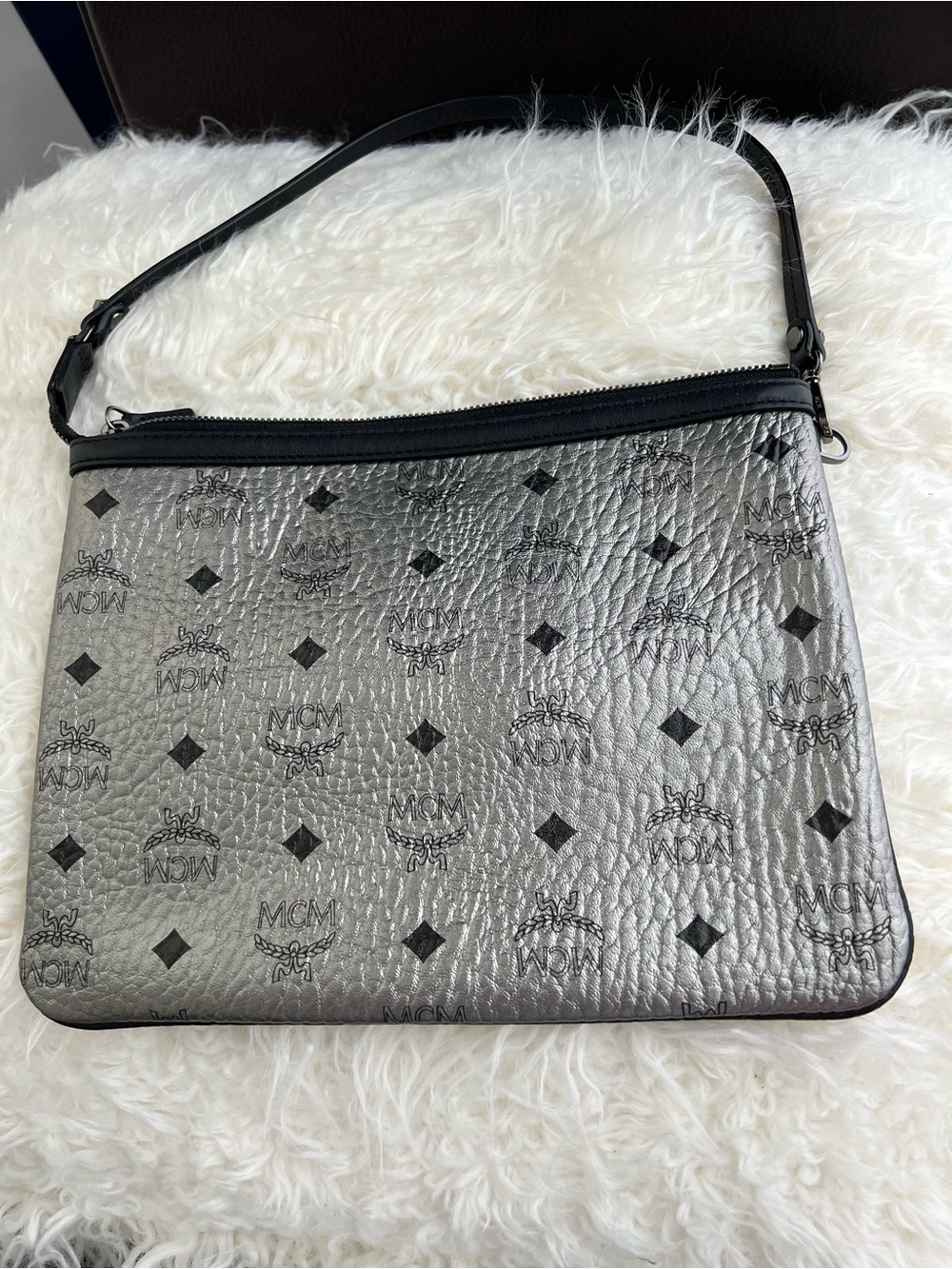 MCM Metallic Silver Logo-Print Bag
